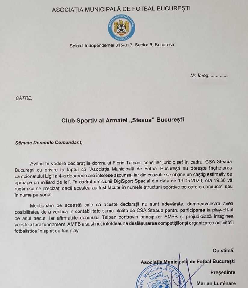 Solicitarea președintelui AMFB către comandantul CSA Steaua. Sursă foto: prosport.ro