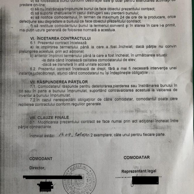 Modelul de contract pe care parintii il vor completa ca sa primeasca tabla pentru Scoala Online
