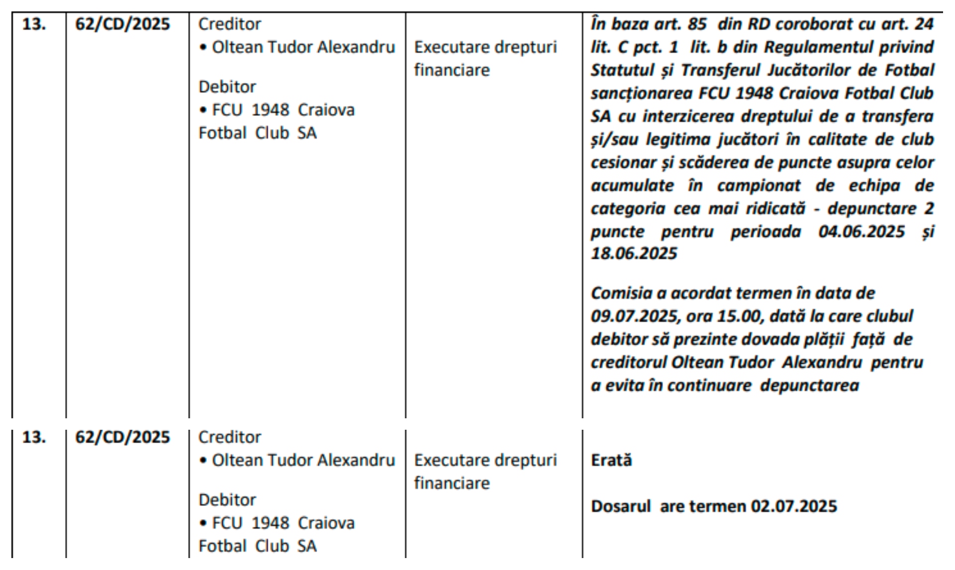 Erată FRF FCU Craiova depunctare