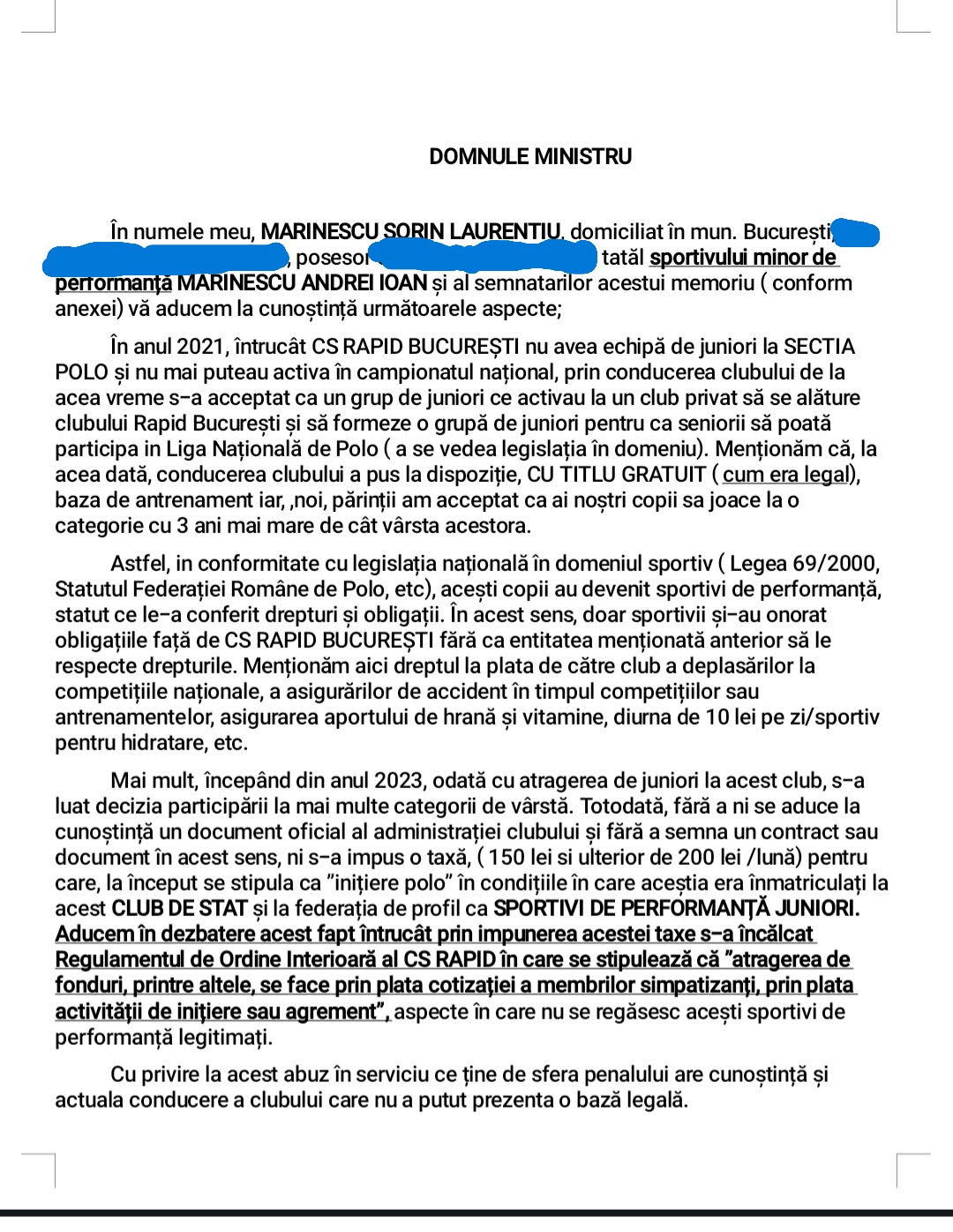 Memoriul adresat ministrului Transporturilor. 