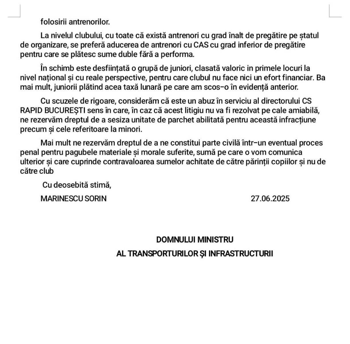 Memoriul adresat ministrului Transporturilor. 