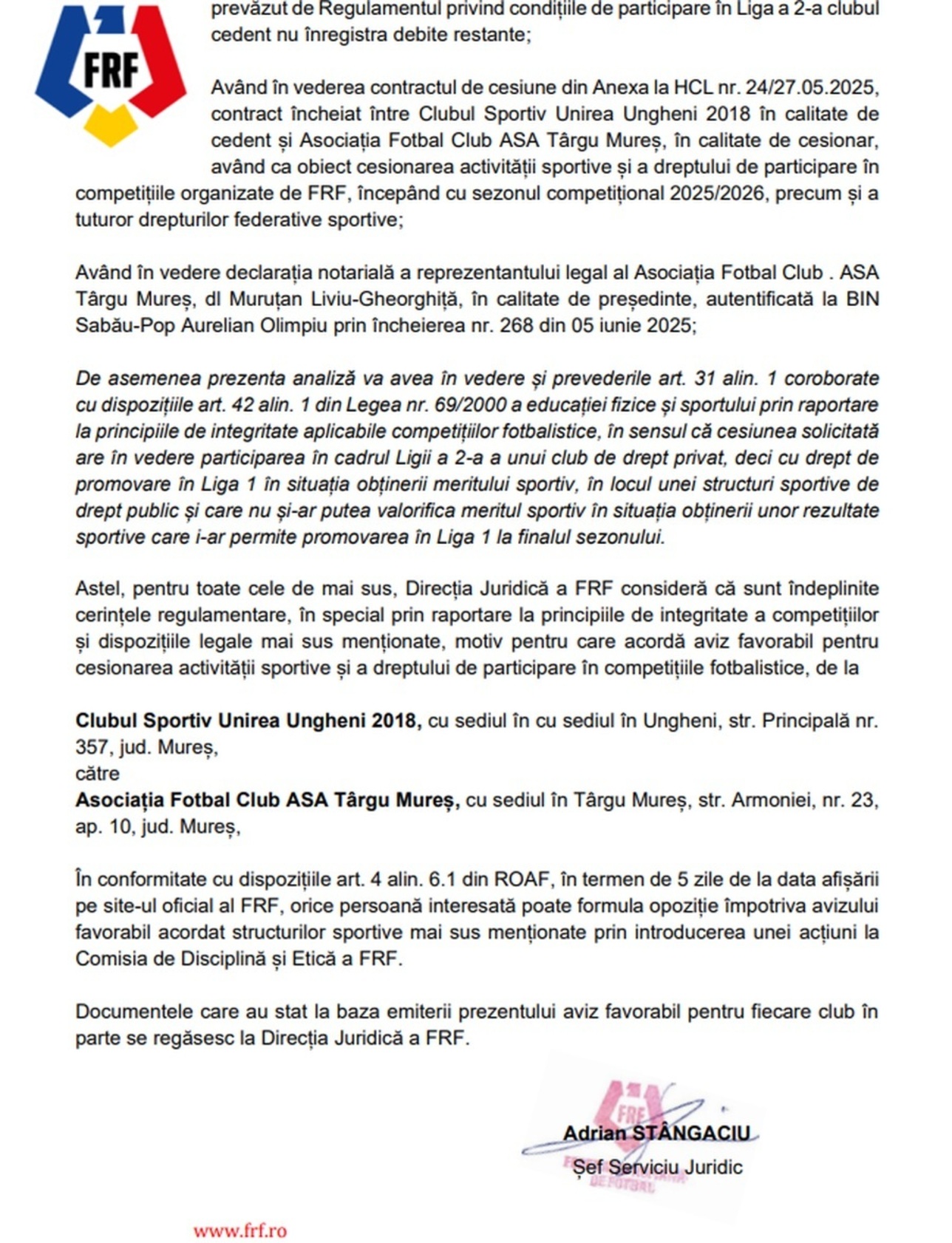 FRF a dat aviz pozitiv celor de la ASA Târgu Mureș 