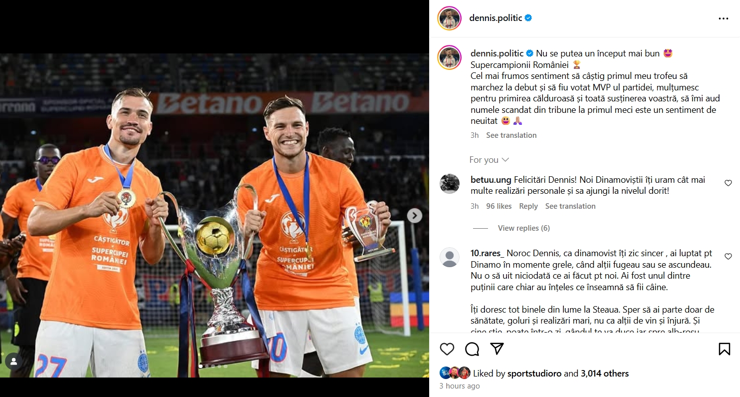Postarea lui Dennis Politic de pe Instagram